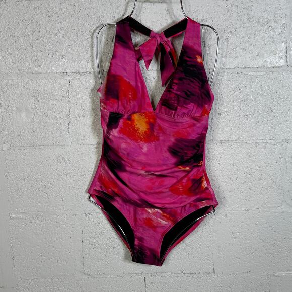 Dkny Women's Tie-Back Halter-Style One-Piece Swimsuit - Pink Multi Small $80 - Picture 1 of 11